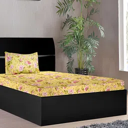 Stylista Yellow Floral Cotton 400 TC Single Fitted Bedsheet with Pillow Cover-image-64
