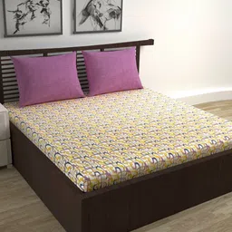 Divine Casa Trident Yellow Printed Pure Cotton144 TC Queen Bedsheet Set 2.54 m x 2.22 m-image-61