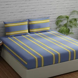 Huesland Comfort Grey & Yellow Striped 144 TC Cotton Queen Bedsheet & 2 Pillow Covers-picture-16