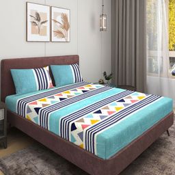 Aura Blue & White Geometric 144 TC Microfiber Queen Bedsheet Set2.24 m x 2.42 m-image-71