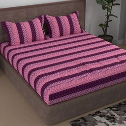 Aura Pink & Purple Striped Printed Cotton 180 TC Queen Bedsheet With 2 Pillow Covers-1