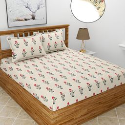BREVARD Cream Floral 210 TC Fitted Queen Bedsheet With 2 Pillow Covers-image-44