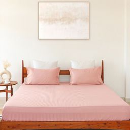 HOMEMONDE 300 TC Cotton Satin Striped Fitted Bedsheet with 2 Pillow Covers-image-97