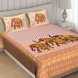 UBANIA COLLECTION Orange Ethnic Printed 120 TC Cotton Queen Bedsheet with 2 Pillow Covers-image-10
