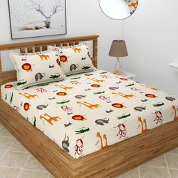 BREVARD Off White Animals Printed 210 TC Queen Fitted Bedsheet with 2 Pillow Covers-image-56