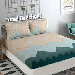 Laying Style Green & Beige Geometric Cotton 220 TC Fitted Queen Bedsheet & Pillow Covers-image-44