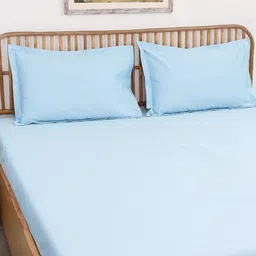 House This Juniper Blue Cotton 600 TC Fitted Queen Bedsheet with 2 Pillow Covers-picture-24