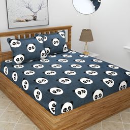 BREVARD Black & Blue Panda Printed 210 TC Fitted Queen Bedsheet With 2 Pillow Covers-image-93