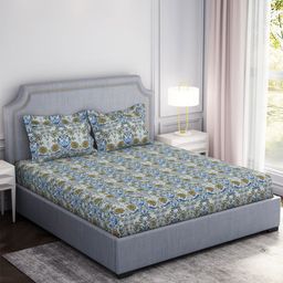 Welspun Adore Grey & Blue Floral Microfiber 104 TC Queen Bedsheet With 2 Pillow Covers-image-19
