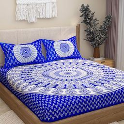 Lali Prints Blue Ethnic Block Printed Cotton 130 TC Queen Bedsheet & 2 Pillow Covers-image-64