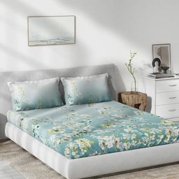 DDecor Green & White Floral Cotton 140 TC Queen Bedsheet with 2 Pillow Covers-picture-21