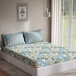 DDecor Blue & Green Floral Cotton 144 TC Queen Bedsheet With 2 Pillow Covers-picture-48