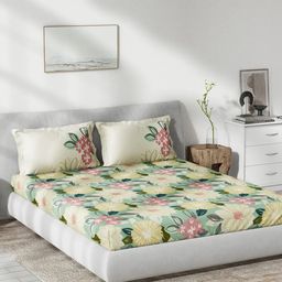 DDecor Green & Pink Floral Cotton 144 TC Queen Bedsheet With 2 Pillow Covers-image-64