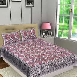 Texstylers Pink & Grey Floral Cotton 144 TC Queen Bedsheet with 2 Pillow Covers-image-56