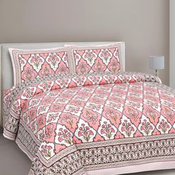 Texstylers Pink Floral Cotton 144 TC Queen Bedsheet with 2 Pillow Covers-image-89