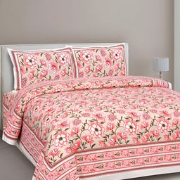 Texstylers Pink Floral Cotton 144 TC Queen Bedsheet with 2 Pillow Covers-image-89