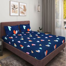 Aura Navy Blue Heart Printed 144 TC Queen BedsheetSet 2.29 m x 2.54 m-image-73