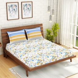 SPACES Atrium White & Blue Floral 144 TC Cotton Queen Bedsheet with 2 Pillow Covers-92