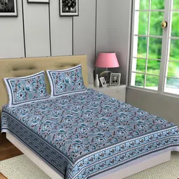 Texstylers Blue & Grey Floral Cotton 144 TC Queen Bedsheet with 2 Pillow Covers-image-47