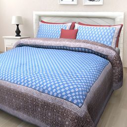 Texstylers Blue Floral Cotton 144 TC Queen Bedsheet with 2 Pillow Covers-image-95