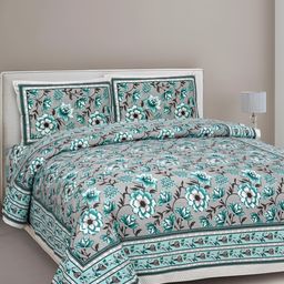 Texstylers Blue & Grey Floral Cotton 144 TC Queen Bedsheet with 2 Pillow Covers 120 GSM-image-48