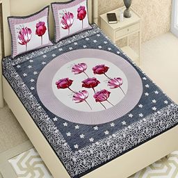 Runjhun Pink & Grey Floral Printed 180 TC Cotton Queen Bedsheet with 2 Pillow Covers-image-69