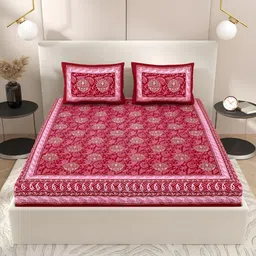 Wayne Martin Red & White Ethnic Motifs Cotton 210 TC Queen Bedsheet With 2 Pillow Covers-picture-2