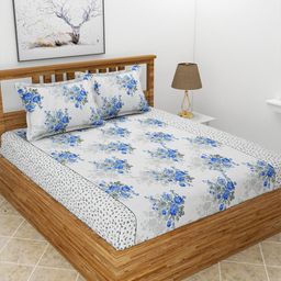 MORADO Blue & White Printed 210 TC Queen Bedsheet with 2 Pillow Covers-image-89