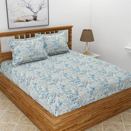 MORADO Blue & White Printed 210 TC Queen Bedsheet with 2 Pillow Covers-image-88