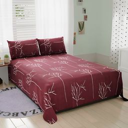 Bromwick Maroon Floral Cotton 210 TC Queen Bedsheet with 2 Pillow Covers-image-51