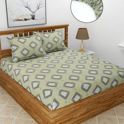 BREVARD Green Geometric 210 TC Queen Fitted Bedsheet with 2 Pillow Covers-image-55