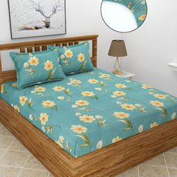 BREVARD Green & Yellow Floral 210 TC Queen Fitted Bedsheet with 2 Pillow Covers-picture-25