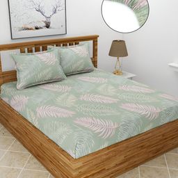 BREVARD Green Floral Polycotton Fitted 210 TC Queen Bedsheet with 2 Pillow Covers-image-6