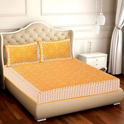 UBANIA COLLECTION Yellow & White Printed Cotton 120 TC Queen Bedsheet with 2 Pillow Covers-image-34