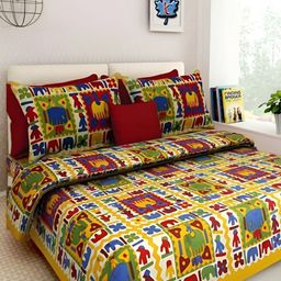 UBANIA COLLECTION Yellow Abstract Cotton 144 TC Queen Bedsheet with 2 Pillow Covers-image-43