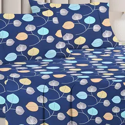 bsb home Navy Blue & Yellow Floral 144 TC Queen Bedsheet with 2 Pillow Covers-image-14