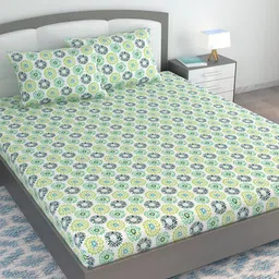 Divine Casa Deep Lake Green Ethnic Motifs Cotton 144 TC King Bedsheet with 2 Pillow Covers-image-54