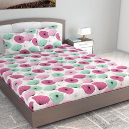 Divine Casa Prisham White & Pink Floral Cotton 144 TC King Bedsheet with 2 Pillow Covers-image-95