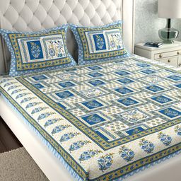 LA VERNE Grey & Blue Floral 140 TC King Bedsheet with 2 Pillow Covers-image-91