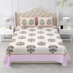 Qfab Beige & Pink Floral Printed Cotton144 TC King Bedsheet Set-image-54