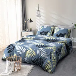 Cortina Blue & White Floral Microfiber 110 TC Double Queen Bedsheet With 2 Pillow Covers-image-0