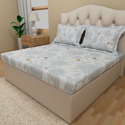Himeya White & Blue Floral Cotton 180 TC King Bedsheet With 2 Pillow Covers-image-49