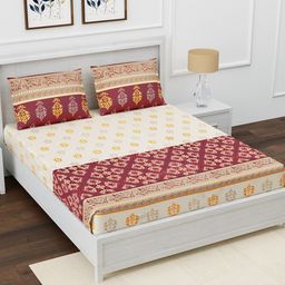 AVI Maroon & Orange Floral 180 TC King Bedsheet with 2 Pillow Covers-image-24