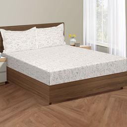 SWAYAM Ananda White & Blue Floral Cotton 200 TC Fitted King Bedsheet with 2 Pillow Covers-picture-33