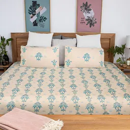 Baarno Yellow & Blue Floral Cotton 220 TC King Bedsheet with 2 Pillow Covers-picture-22