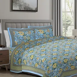 Texstylers Yellow & Blue Printed Cotton 250 TC King Bedsheet with 2 Pillow Covers-image-21