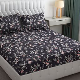 Furnistitchs Grey & Green Floral 300 TC Fitted King Bedsheet With 2 Pillow Covers-image-83