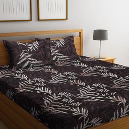 Arrabi Brown & White Floral 300 TC King Bedsheet with 2 Pillow Covers-image-21
