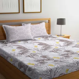 Arrabi Brown & Yellow Floral 300 TC Flat King Bedsheet with 2 Pillow Covers-image-87