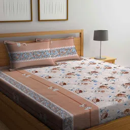 Arrabi White & Brown Floral 300 TC King Bedsheet with 2 Pillow Covers-image-8